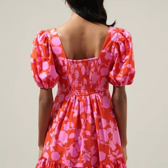 Sugarlips Pink and Cherry Red Puff Sleeve Floral Ruffle Hem Mini Dres - Picture 5 of 6